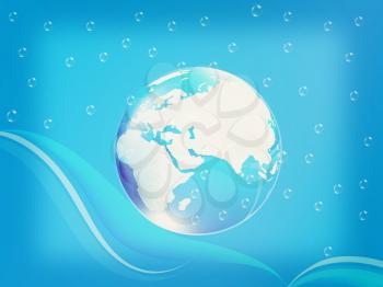 Blue water drops background and earth. 3D illustration. Vintage style.