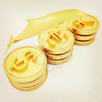 Gold coins with 3 major currencies with golden dolphin on a white background. 3D illustration. Vintage style.