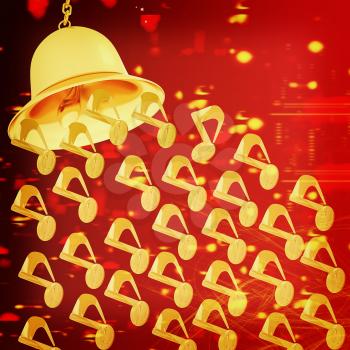 Toll. Gold bell on winter or Christmas style background with a wave of stars. 3D illustration. Vintage style.