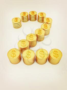 the number two of gold coins with dollar sign on a white background. 3D illustration. Vintage style.