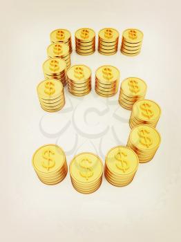 the number five of gold coins with dollar sign on a white background. 3D illustration. Vintage style.