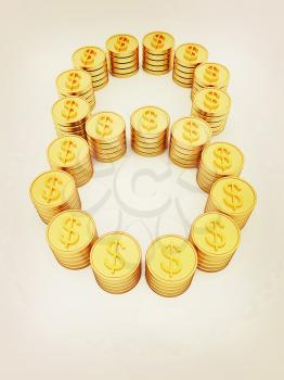 the number eight of gold coins with dollar sign on a white background. 3D illustration. Vintage style.
