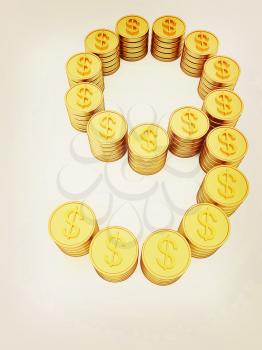 the number nine of gold coins with dollar sign on a white background. 3D illustration. Vintage style.