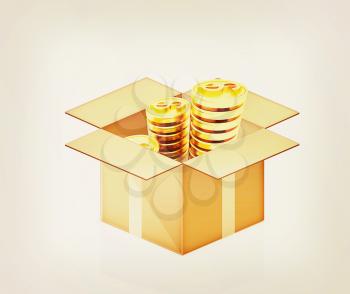 Gold dollar coins in cardboard box on a white background. 3D illustration. Vintage style.