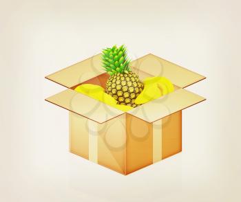 pineapple and bananas in cardboard box on a white background. 3D illustration. Vintage style.