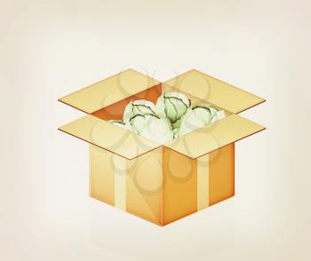 Green cabbage in cardboard box on a white background. 3D illustration. Vintage style.