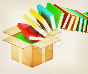 colorful real books in cardboard box on a white background. 3D illustration. Vintage style.