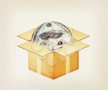 Sphere from dollar in cardboard box on a white background. 3D illustration. Vintage style.