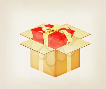 Red gift with gold ribbon in cardboard box on a white background. 3D illustration. Vintage style.