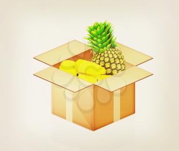 pineapple and bananas in cardboard box on a white background. 3D illustration. Vintage style.