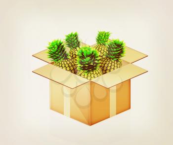pineapples in cardboard box on a white background. 3D illustration. Vintage style.