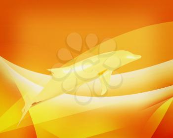 golden dolphin in light waves abstract background. 3D illustration. Vintage style.
