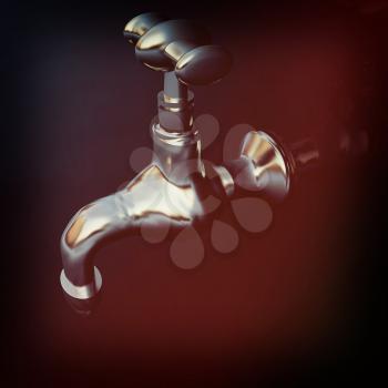 Water taps on a reflective background. 3D illustration. Vintage style.