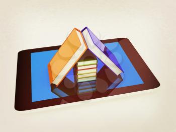 tablet pc and colorful real books on white background. 3D illustration. Vintage style.