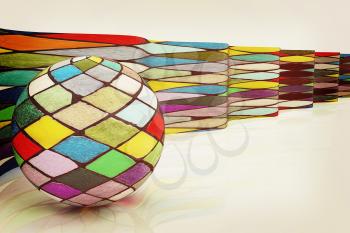 The mosaic ball against the background of colorful waves. 3D illustration. Vintage style.