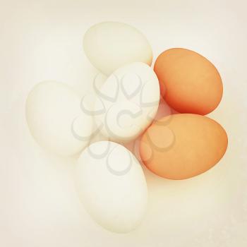 Chicken Eggs on a white Background. 3D illustration. Vintage style.