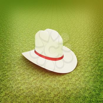 White hat with a red ribbon on a green grass background. 3d. 3D illustration. Vintage style.