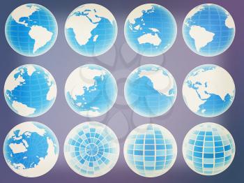 Set of 3d globe icons showing earth. 3D illustration. Vintage style.