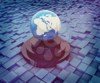 earth on podium against abstract urban background. 3D illustration. Vintage style.