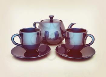 3d cups and teapot on a white background. 3D illustration. Vintage style.