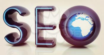 Blue metallic text 'SEO' with earth globe, symbol. 3d illustration on a white background. 3D illustration. Vintage style.