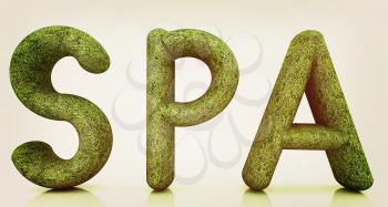 Spa 3D text from a green grass on a white background. 3D illustration. Vintage style.