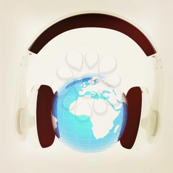 Blue earth with headphones from transparent plastic. World music concept isolated on white. 3D illustration. Vintage style.