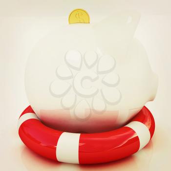 piggy bank on lifebuoy on white background. 3D illustration. Vintage style.