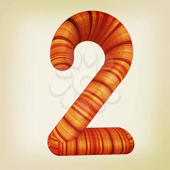 Wooden number 2- two  on a white background. . 3D illustration. Vintage style.