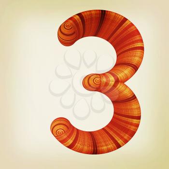Wooden number 3- three on a white background. . 3D illustration. Vintage style.
