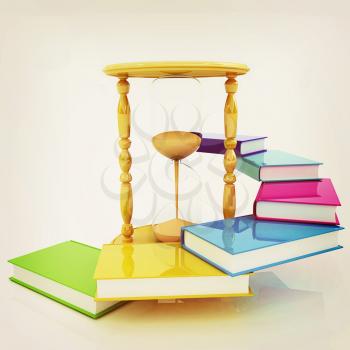 Hourglass and books on a white background. 3D illustration. Vintage style.