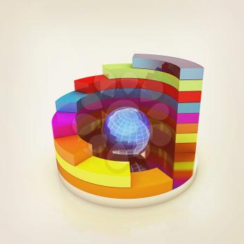 Abstract colorful structure with blue bal in the center on a white background. 3D illustration. Vintage style.