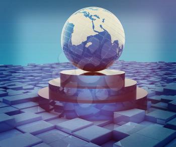 Earth on podium against abstract urban background. 3D illustration. Vintage style.