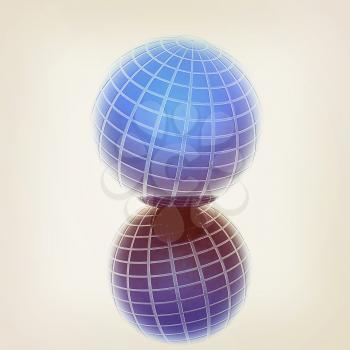 Abstract 3d sphere with blue mosaic design on a white reflective background. 3D illustration. Vintage style.
