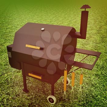 oven barbecue grill on the green grass. 3D illustration. Vintage style.