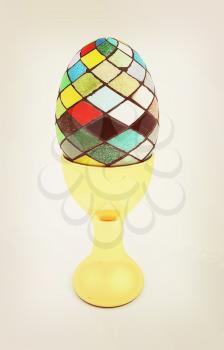Easter egg on gold egg cups on a white background. 3D illustration. Vintage style.