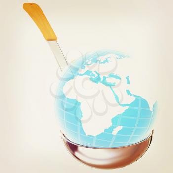 Blue earth on soup ladle on a white background. 3D illustration. Vintage style.