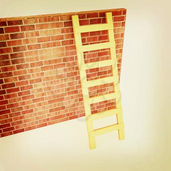 Ladder leans on brick wall on a white background. 3D illustration. Vintage style.