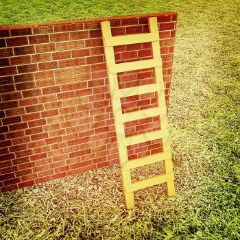Ladder leans on brick wall on a green grass. 3D illustration. Vintage style.