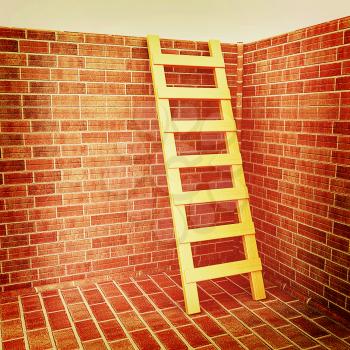 Ladder leans on brick wall on a white background. 3D illustration. Vintage style.