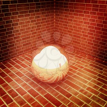 The chrome ball in the corner of a brick . 3D illustration. Vintage style.