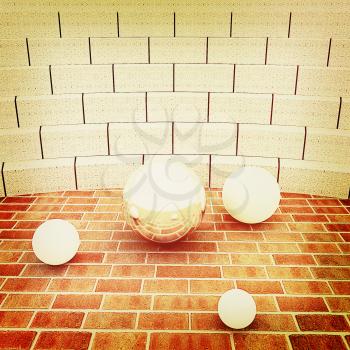 Abstract futuristic interior. Brick scene and tribune with chrome sphere and white balls . 3D illustration. Vintage style.