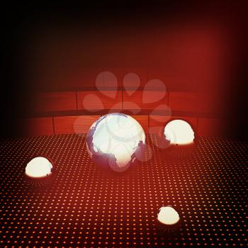 Earth and ball on light path to infinity. 3d render . 3D illustration. Vintage style.