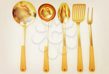 Gold cutlery on a white background . 3D illustration. Vintage style.