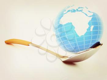 Blue earth on spoon on a white background. 3D illustration. Vintage style.