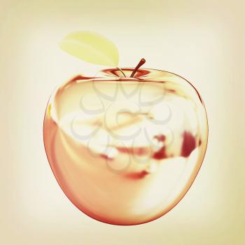 Chrome Apple with green leaf isolated on white background . 3D illustration. Vintage style.