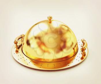 Gold restaurant cloche on a white background. 3D illustration. Vintage style.