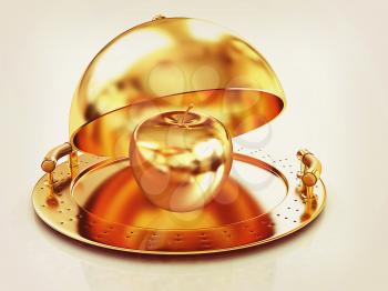 Golden Apple on glossy golden salver dish under a golden cover on a white background. 3D illustration. Vintage style.