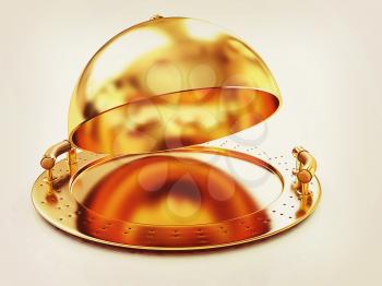 Glossy golden salver dish under a golden cover on a white background. 3D illustration. Vintage style.