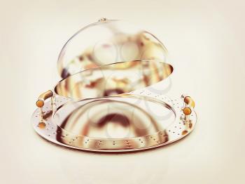 Metall glossy salver dish under cover on a white background. 3D illustration. Vintage style.